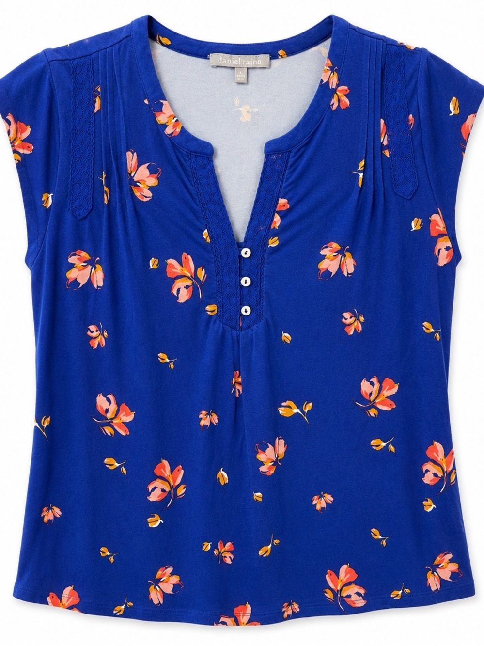 Daniel Rainn Floral Blouse Blue Lace Trim Stretch Knit Top Small - Picture 2 of 11